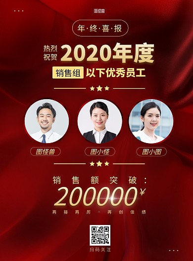 年终喜报大气红色员工表彰竖版海报