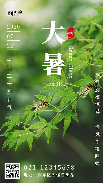 大暑知了猴蝉简约卡通绿色竖版手机海报