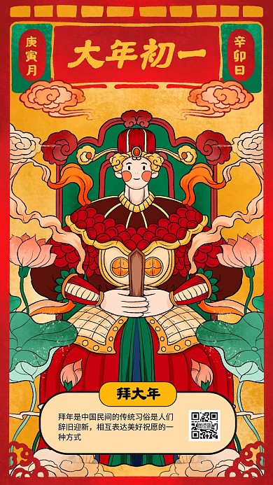 春节祝福系列大年初一手机海报