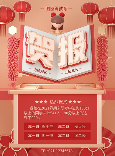 原创C4D成绩喜报PSD竖版海报