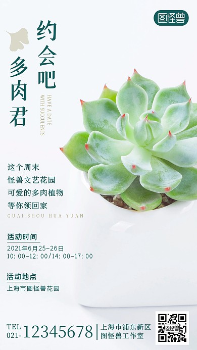 文艺气息活动多肉植物白色简约摄影图海报