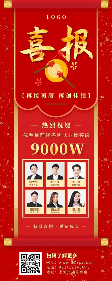 团队业绩喜报长图红色大气简约