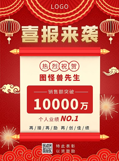 红色大气喜庆个人业绩喜报文字竖版海报