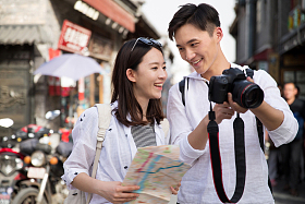 青年情侣旅游照相