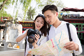 青年情侣旅游照相图片