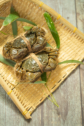 螃蟹放在簸箕里照片