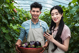 东方夫妻采摘茄子图片
