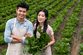 东方夫妇采摘蔬菜照片