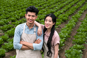 东方夫妇采摘蔬菜