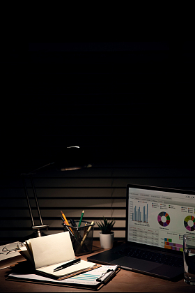 夜晚灯光下的办公桌图片