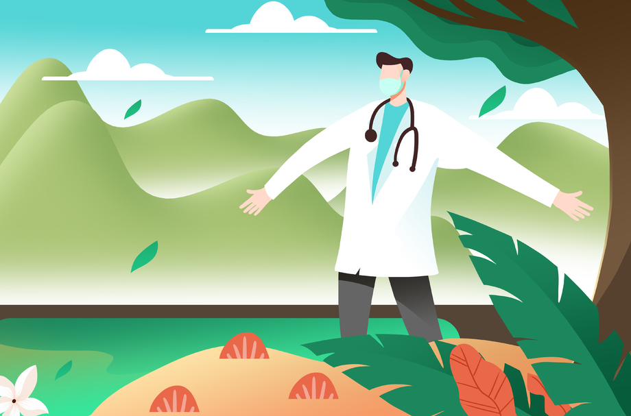 医生站着树下插画照片 医生站着树下插画照片