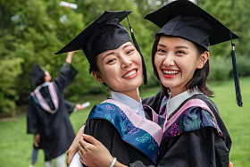户外穿着学士服的大学生们照片