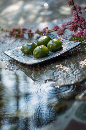 水面上的青团和桃花