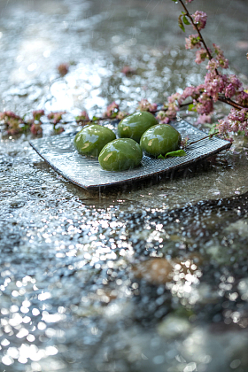 雨中的青团和桃花枝