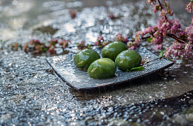 雨中的青团和桃花枝图片