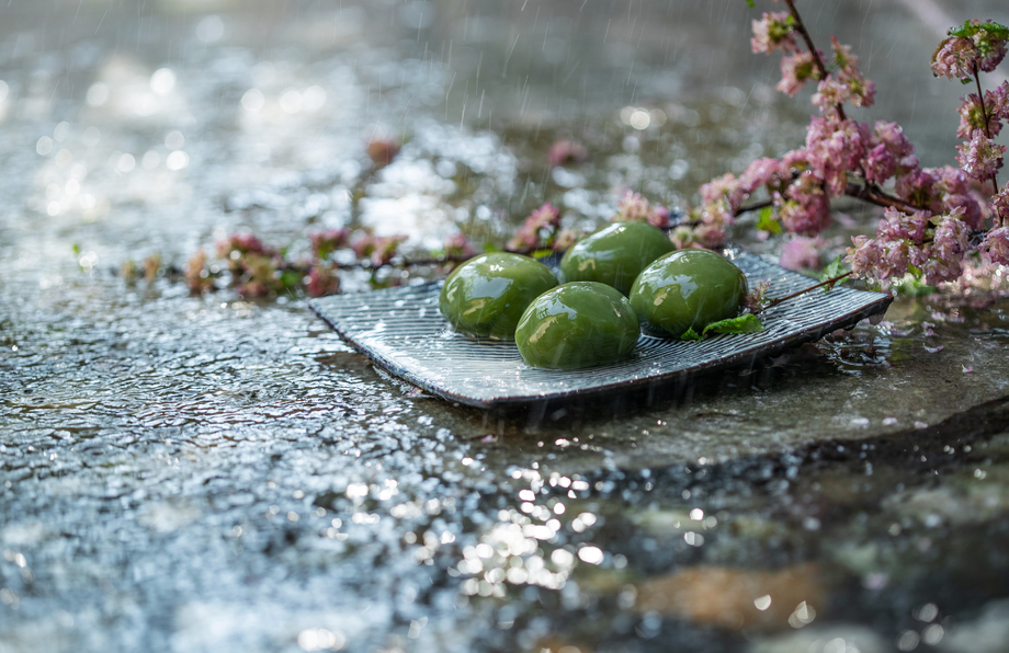 雨中石板上的青团和桃花