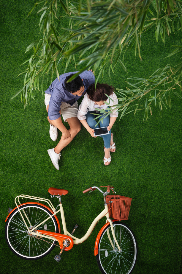 青年伴侣坐在草地上使用平板电脑 青年伴侣坐在草地上使用平板电脑