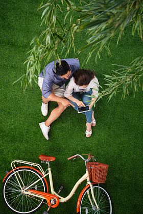 青年伴侣坐在草地上使用平板电脑