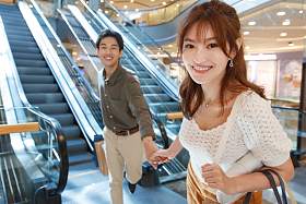 在商场里手牵手购物的青年情侣