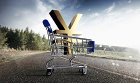 户外的购物车和货币标志