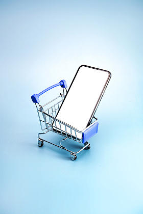 购物车和空白屏幕的手机图片