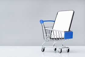 购物车和空白屏幕的手机