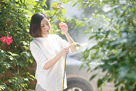 青年女人户外浇花
