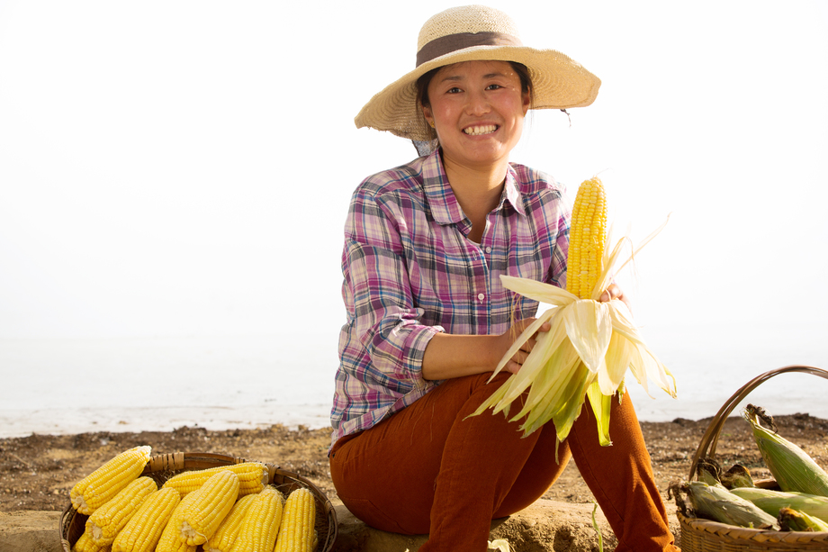 中年女人拿着玉米 中年女人拿着玉米