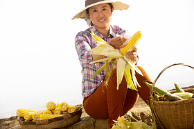 中年女人拿着玉米图片