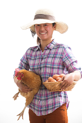 中年女人拿着一只鸡照片