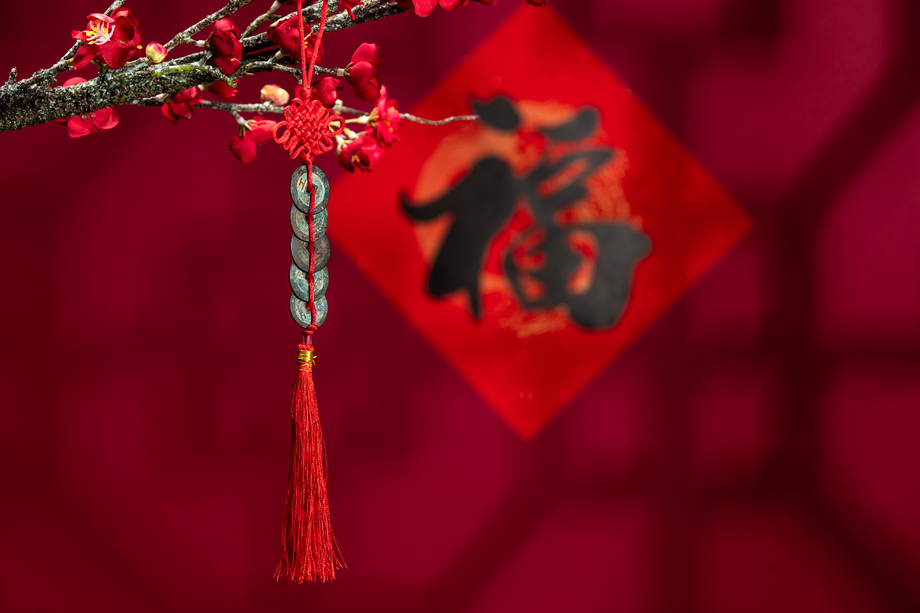 悬挂在梅花下面的中国结图片