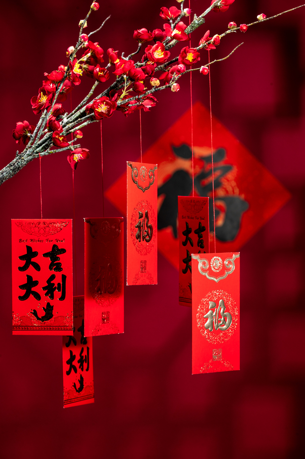 悬挂在梅花下面的红包图片