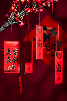 悬挂在梅花下面的红包图片