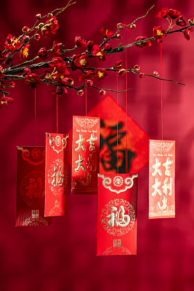 悬挂在梅花下面的红包图片
