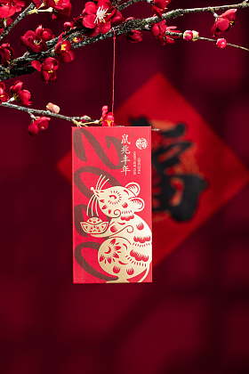 悬挂在梅花下面的红包图片