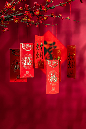 悬挂在梅花下面的红包图片
