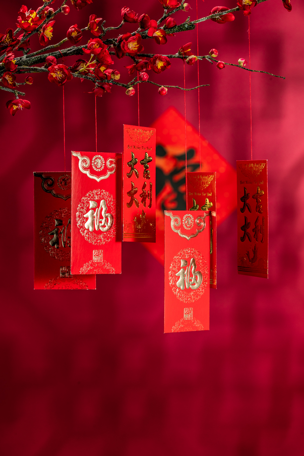 悬挂在梅花下面的红包图片