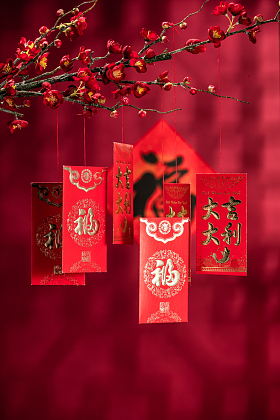 悬挂在梅花下面的红包照片