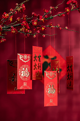 悬挂在梅花下面的红包图片
