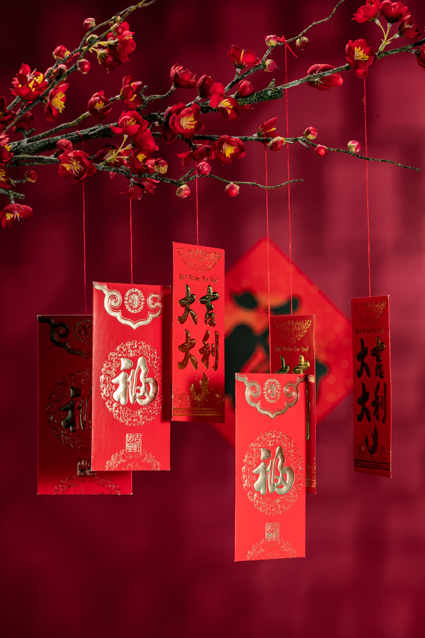 悬挂在梅花下面的红包图片