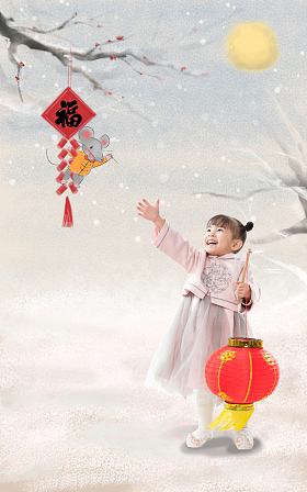 小女孩手提红灯笼庆祝新年