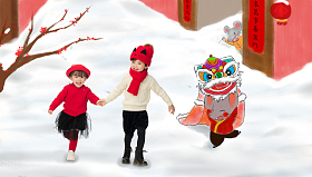 兄妹两人穿新衣服庆祝新年