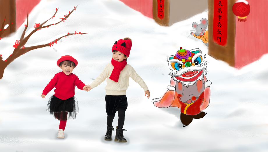 兄妹两人穿新衣服庆祝新年