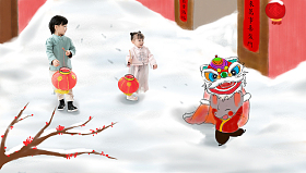 兄妹两人拿着红灯笼庆祝新年图片