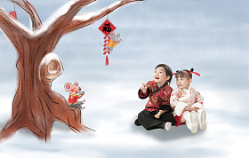 兄妹两人过年穿新衣服坐地上