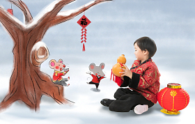 小男孩过年坐在地上喝酒