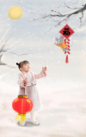 小女孩手提红灯笼庆祝新年图片