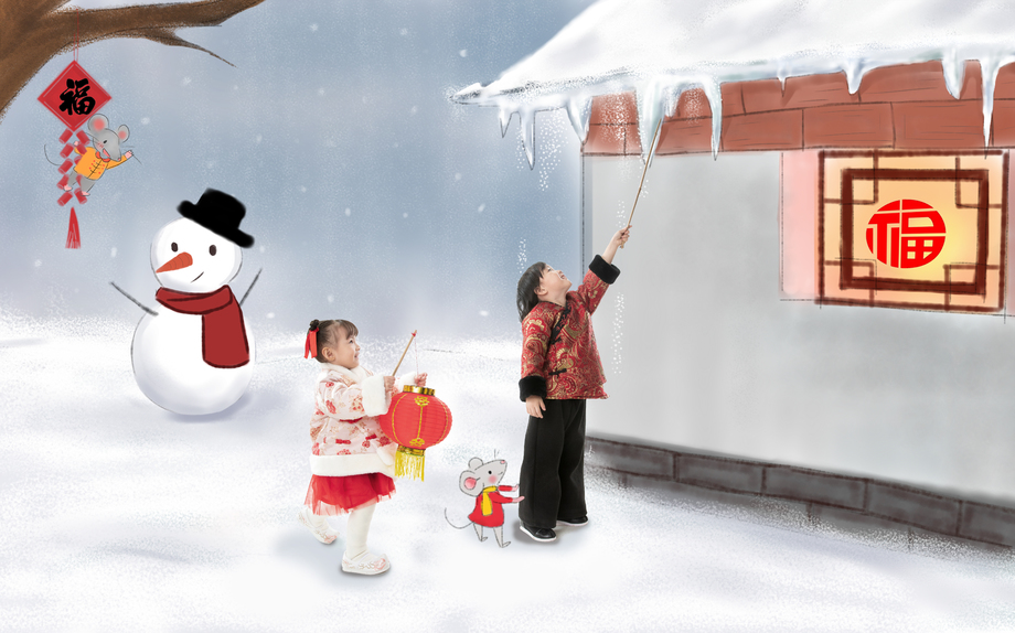 兄妹两人拿着红灯笼庆祝新年 兄妹两人拿着红灯笼庆祝新年