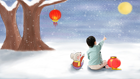 小男孩坐在户外看月亮