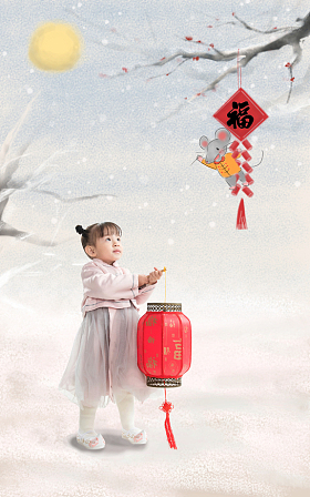 可爱的小女孩拿着红灯笼照片